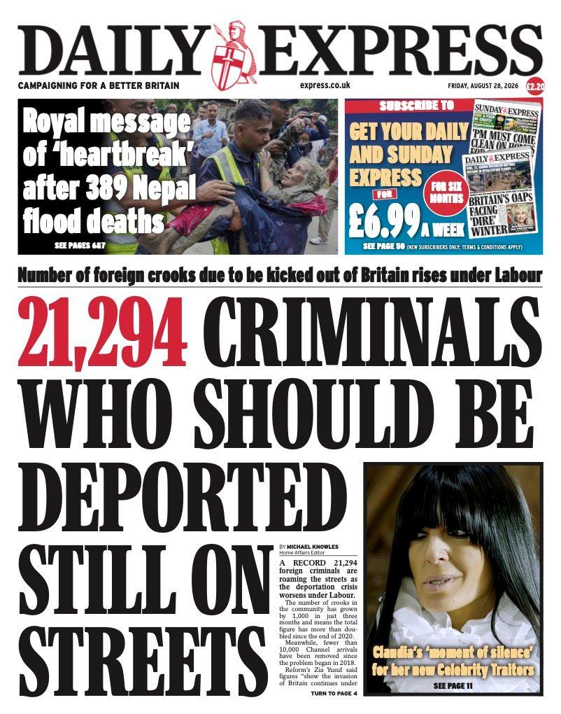 The headline on the front page of the Daily Express reads: “21,294 criminals who should be deported still on streets”.