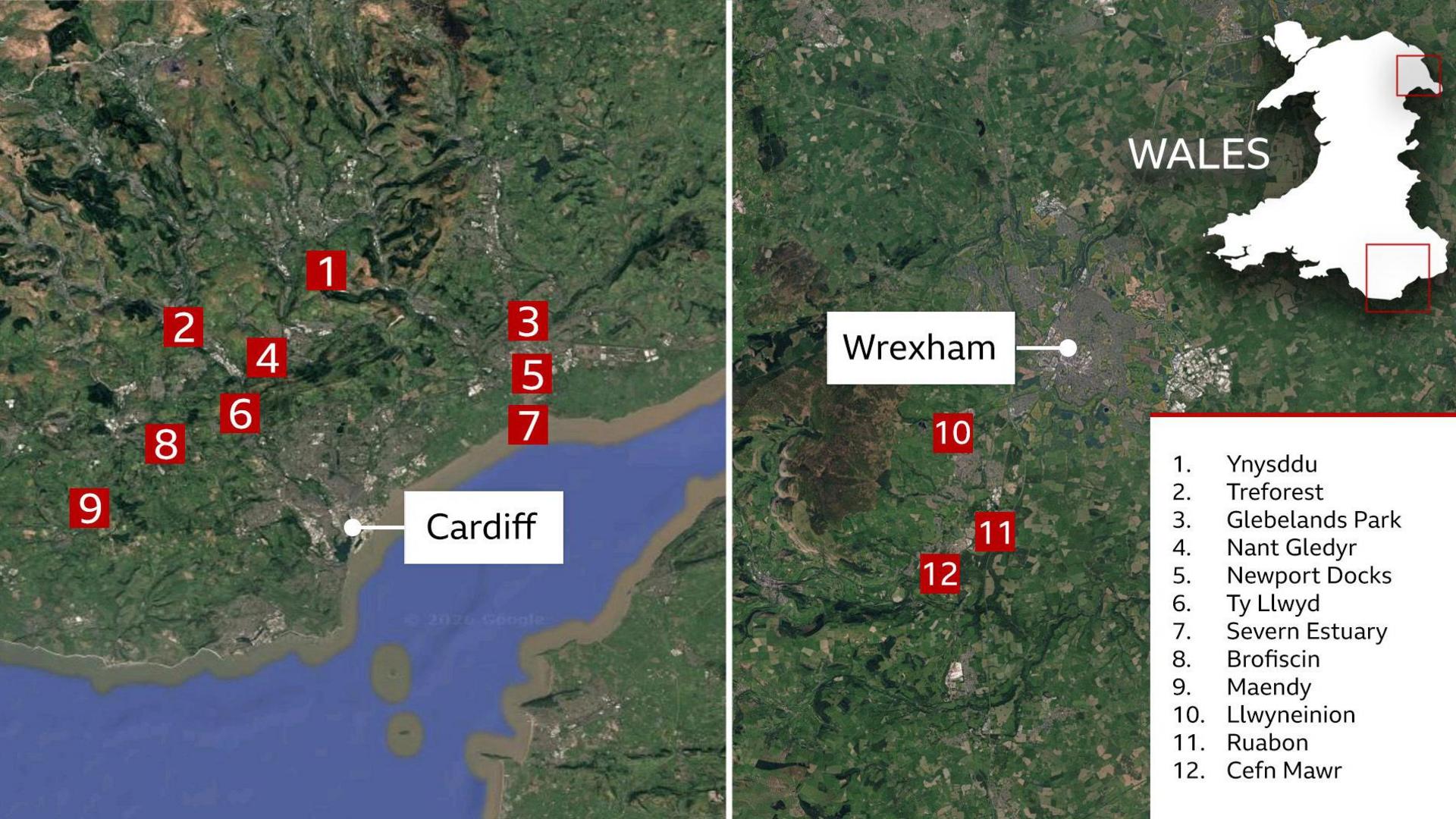 The graphic consists of two aerial satellite maps placed side by side. The larger southern map is labelled "Cardiff" and contains numbered red markers from 1 to 9 spread across the South Wales Valleys, Newport area and the Severn Estuary. The northern map is labelled "Wrexham" and contains markers 10 to 12 south of the town. A legend on the right links each number to a location name: Ynysddu, Treforest, Glebelands Park, Nant Gledyr, Newport Docks, Ty Llwyd, Severn Estuary, Brofiscin, Maendy, Llwyneinion, Ruabon and Cefn Mawr. Above the legend, a white silhouette map of Wales uses red boxes to indicate the two regions displayed.