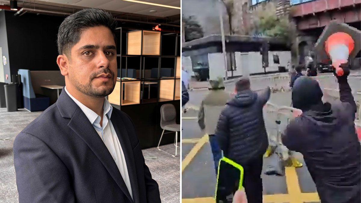 A composite of two images - on the left is a man with black hair in an office wearing a suit, on the right is a screen grab of a video showing a group of men with their backs to the camera, shouting, with one holding a traffic cone above his head.
