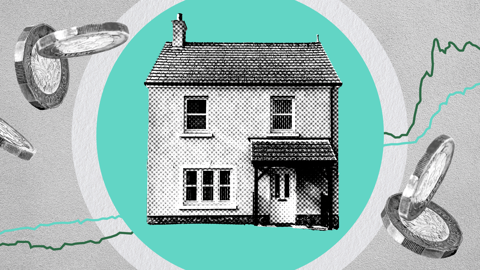 A visualisation of a house, backdropped by a turquoise circle. A line chart runs behind it and it's surrounded by pound coins.