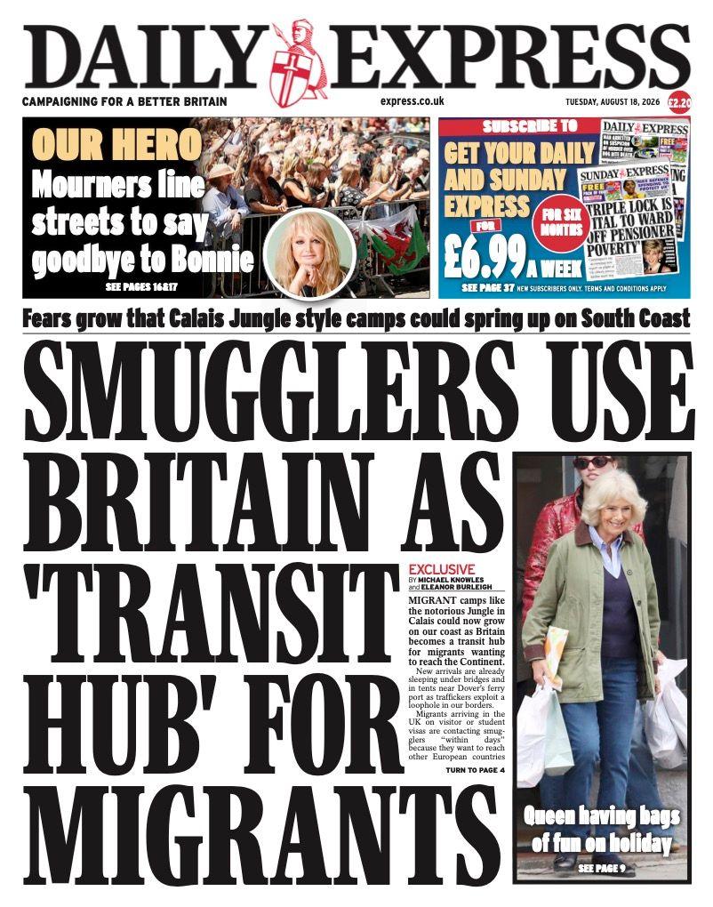 The headline on the front page of the Daily Express reads: "Smugglers use Britain as 'transit hub' for migrants."