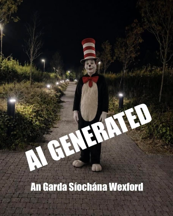The full image of the ai-generated Cat in the Hat image shared by Wexford Garda which includes the label "AI GENERATED".