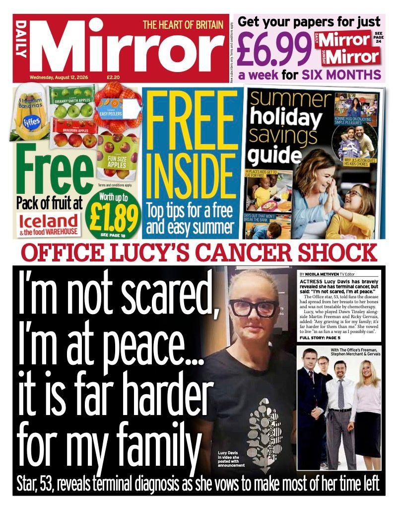 The headline on the front page of the Daily Mirror reads: "I'm not scared, I'm at peace, it is far harder for my family."