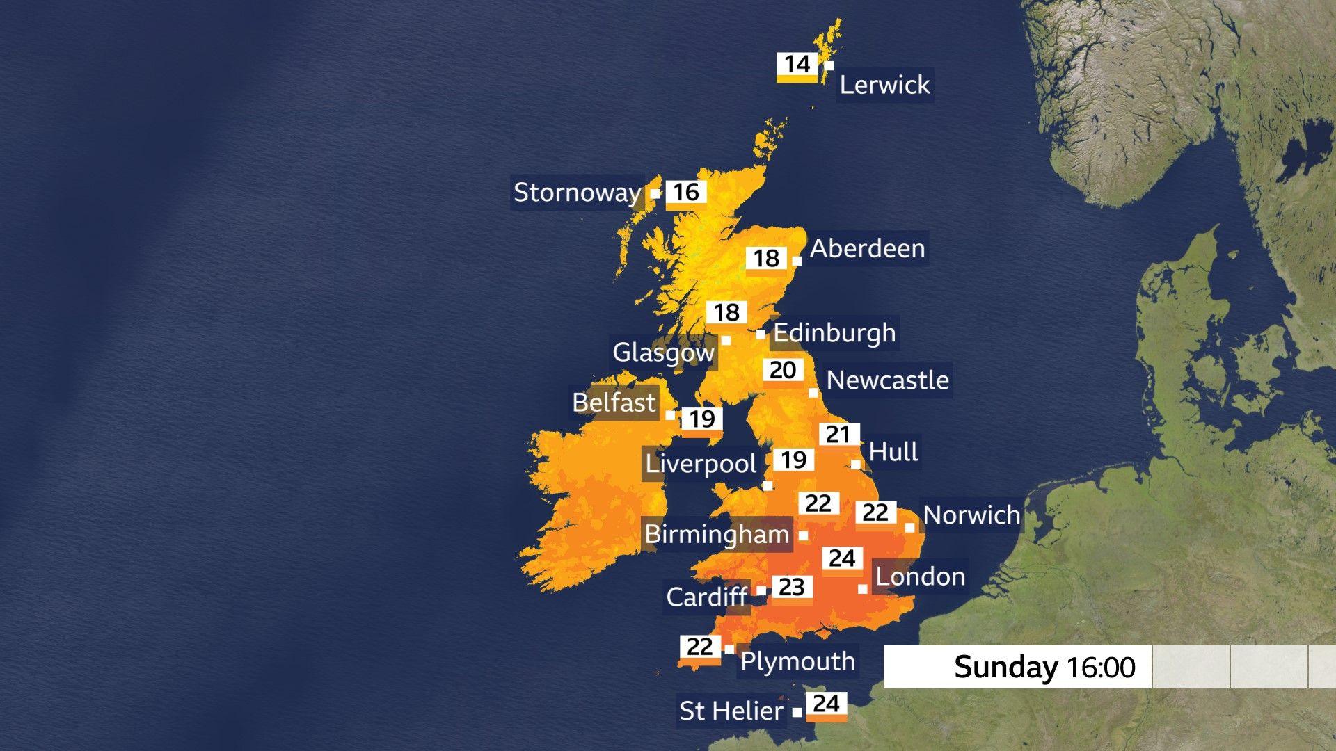 A temperature map depicting high temperatures at 16:00 BST on Sunday ranging from 16C in Stornoway to 21C in Hull and 24C in London