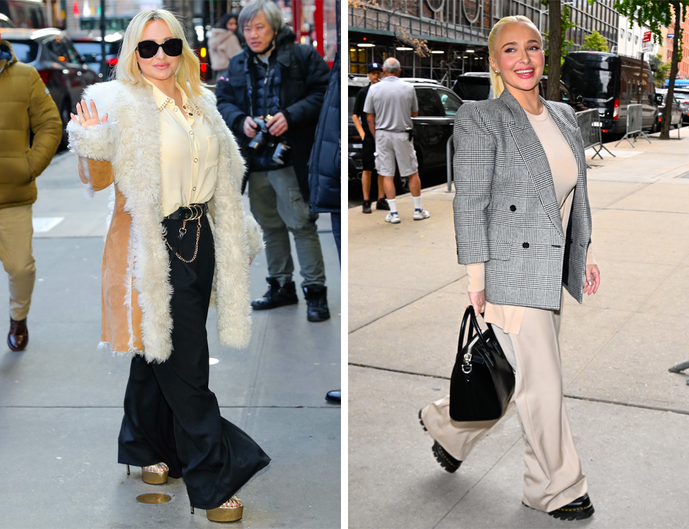A split screen of Hayden Panettiere, on the right in a sheepskin coat with fur lining waving to the cameras in New York in 2023 and on the left in a grey blazer and baggy cream trousers  in New York in 2024s