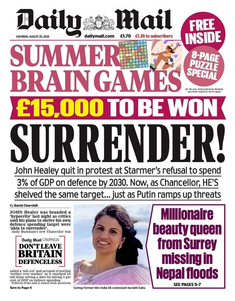 The headline on the front page of the Daily Mail reads: 'Surrender!'