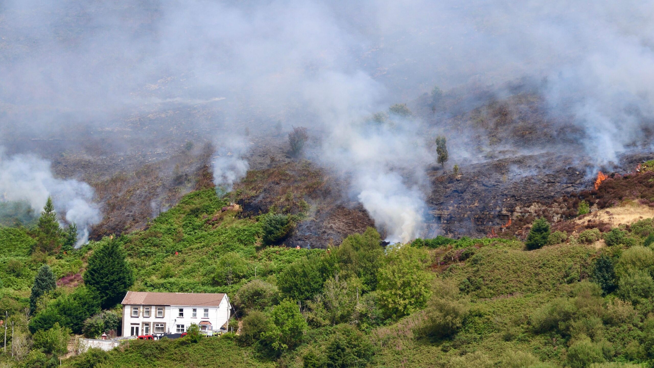 White smoke coming out of fires on a green valley. There is a white house with a terracotta roof in the foreground of the photo