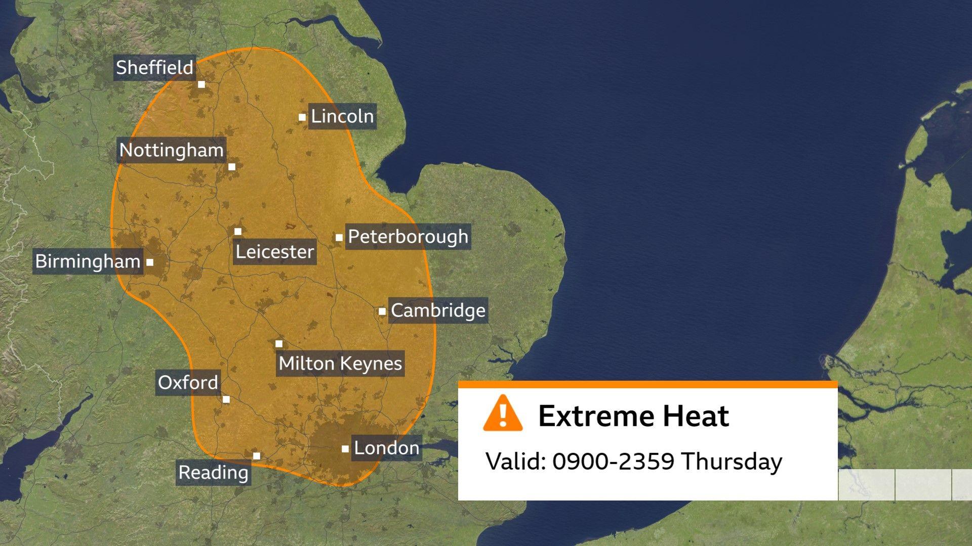 A map of the UK with areas impacted by Met Office weather warning for extreme heat shaded in orange.  A white rectangle with text includes the words "valid 0900 to 2359 Thursday".
