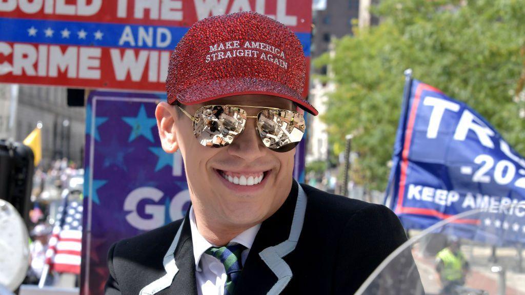 Milo Yiannopoulos is seen at the Boston Straight Pride Parade in 2019. He wears a Make America Straight Again hat.