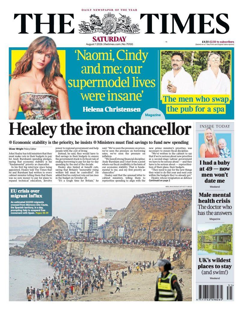 The headline on the front page of the Times reads: "Healey the iron chancellor."