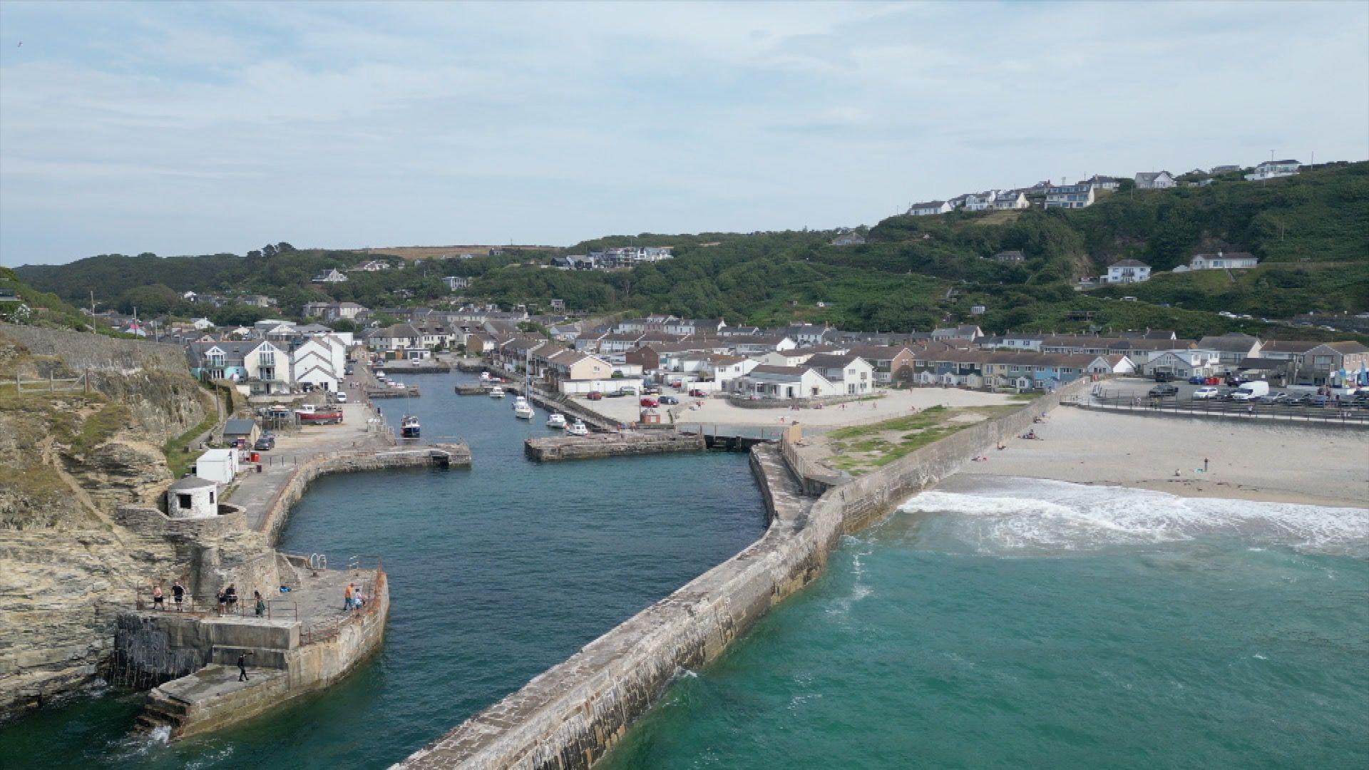 A grab from drone footage showing overhead shot of Cornwall