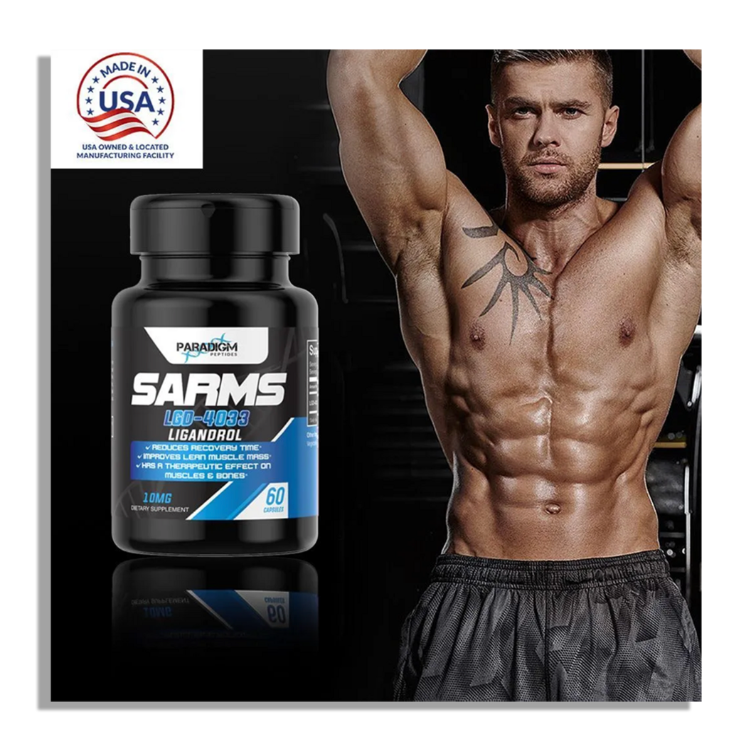 An advertisment for Paradigm SARMs showing a 'made in USA' label