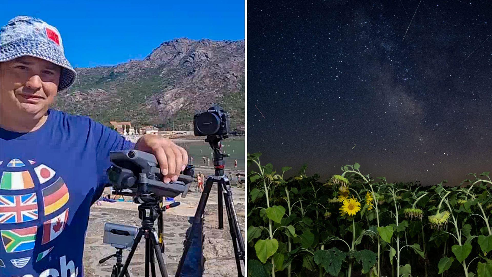 Split image showing photography scenes. In the left panel, a person wearing a bucket hat and a blue T-shirt stands beside a drone, two cameras and a telescope. Mountains and a waterfront are visible in the background. In the right panel, a field of sunflowers appears beneath a star-filled night sky, with several bright meteor trails visible above the plants.