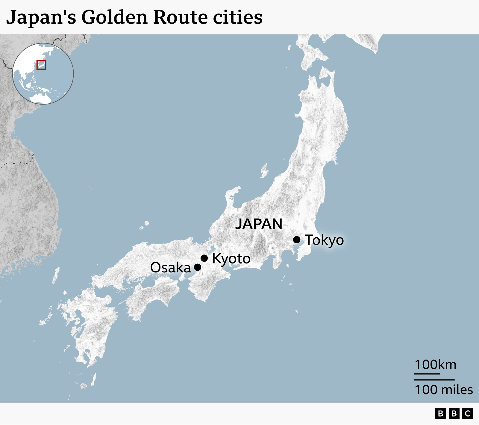 A map showing Japan, with Osaka, Kyoto and Tokyo labelled. The map has the headline "Japan's Golden Route cities"