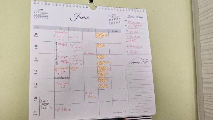 A white calendar hung up on a pale green wall, it has pink and orange and pink writing on marking out activities, exam prep and meal plans for a family.