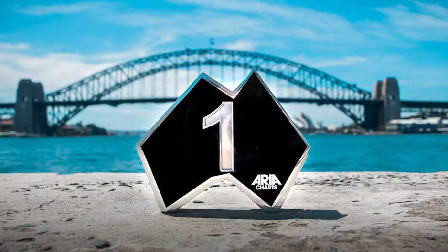 An Aria award pictured in front of the Sydney Harbour Bridge