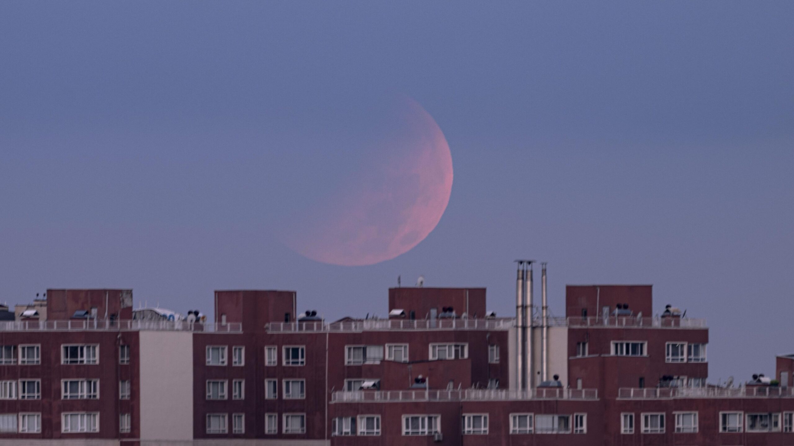 Partially eclipsed moon above blocks of flats