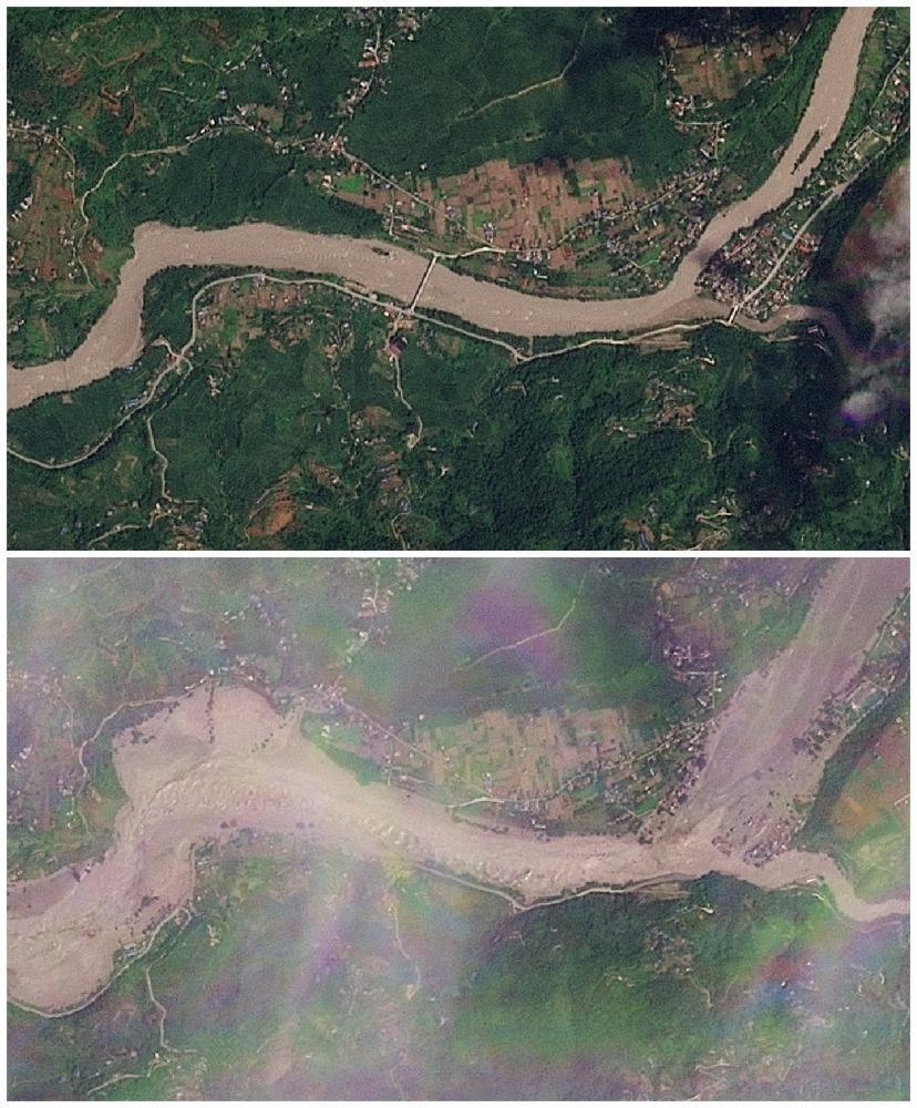 A combination satellite images showing Khadga Bhanjyang on 23 August before the flash flood and 26 August after the flash flood. The first image shows the river with buildings near and the second shows flooding stretched out onto land