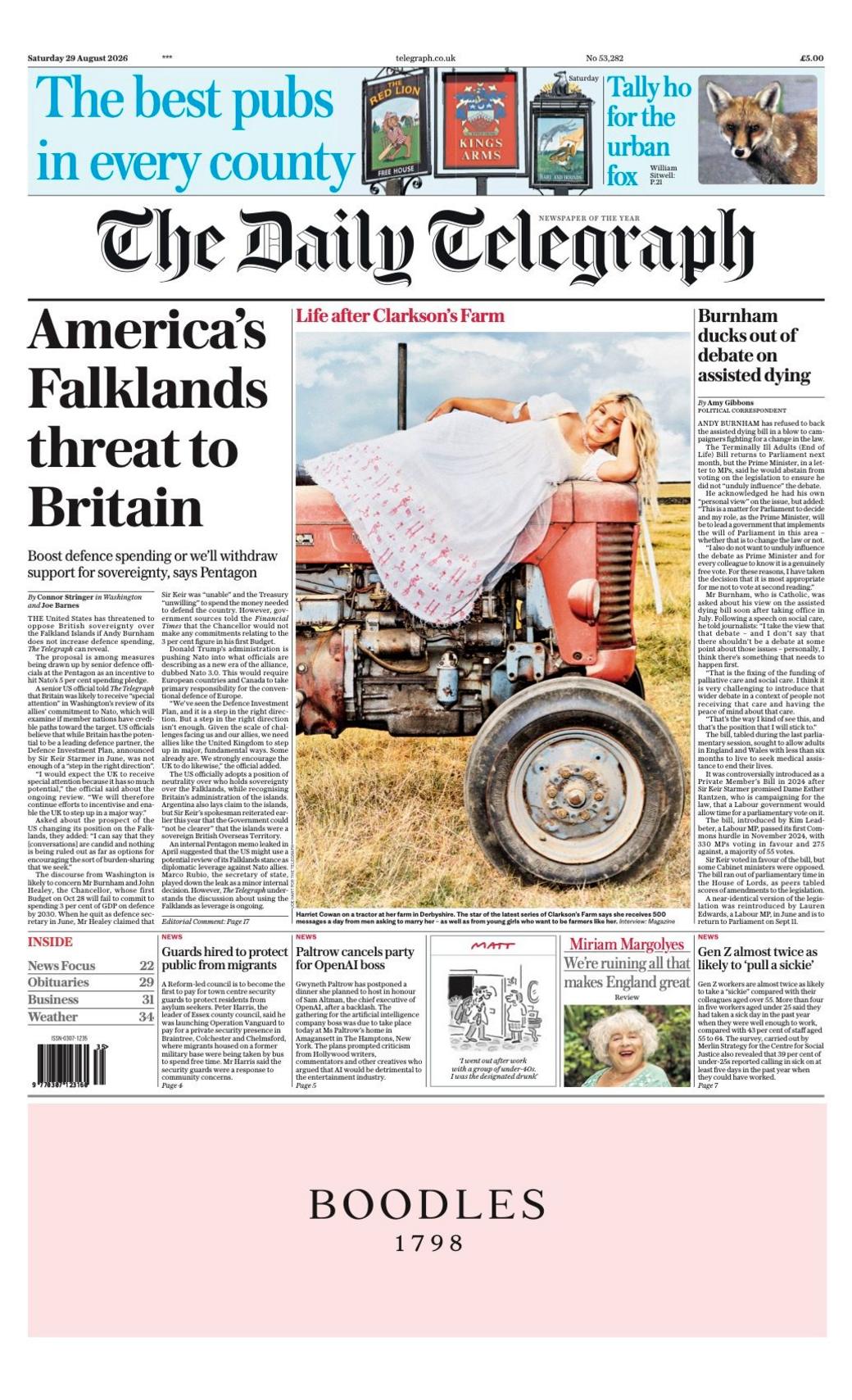 The headline on the front page of the Daily Telegraph reads: 'America's Falklands threat to Britain.'