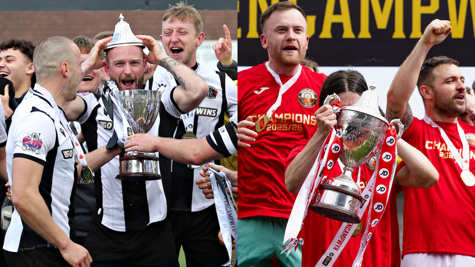 Llandudno (left) and Trefelin BGC pictured lifting the Cymru North and Cymru South titles respectively.