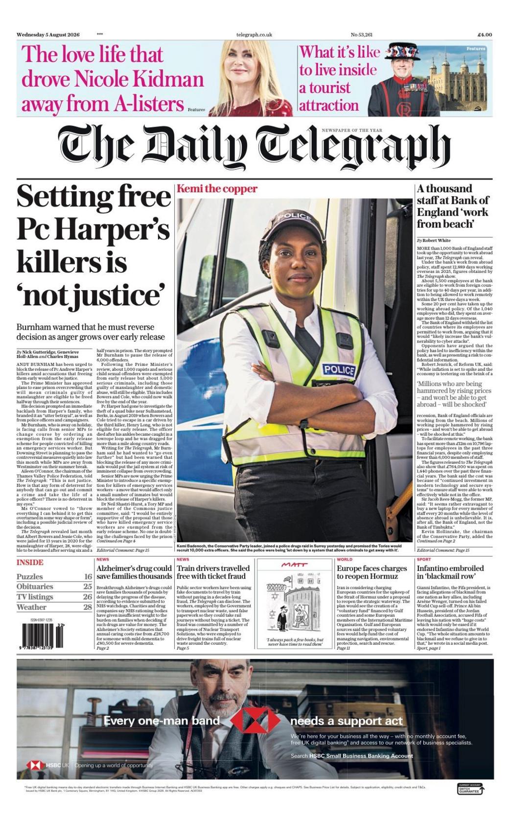 "Setting free PC Harper's killers is 'not justice'," reads the headline on the front page of the Daily Telegraph.