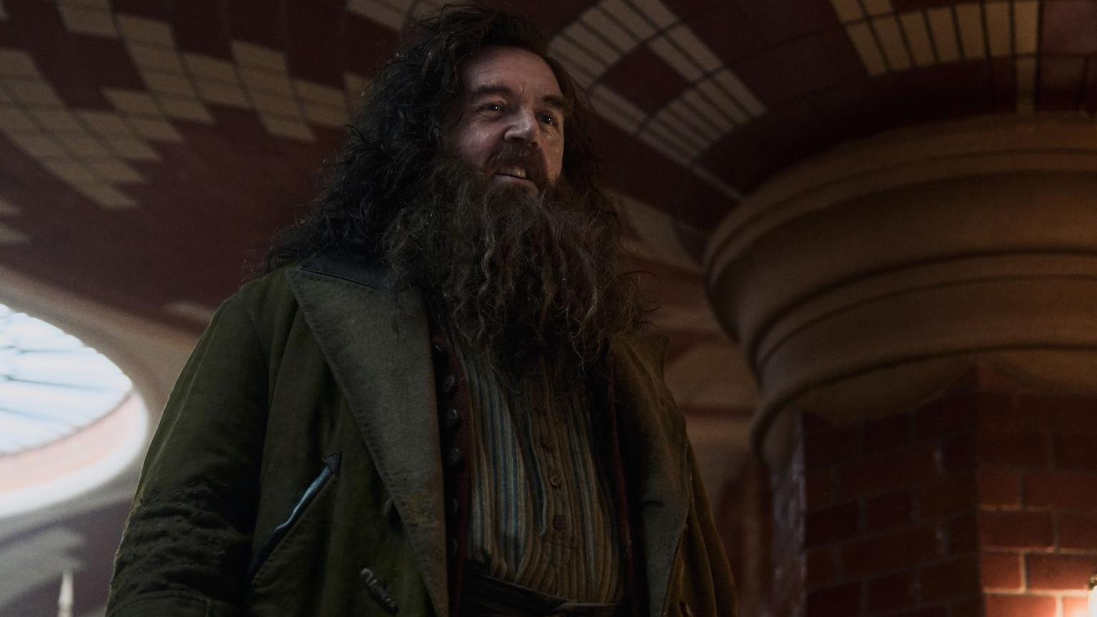 Nick Frost in green jacket with long hair, moustache and beard