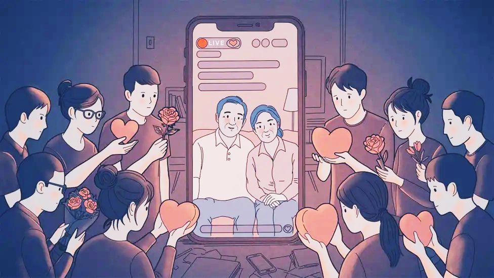 An illustration showing a pair of couple going live on their social media channel, who are surrounded by sad-looking young people handing their hearts and some flowers to the influencers