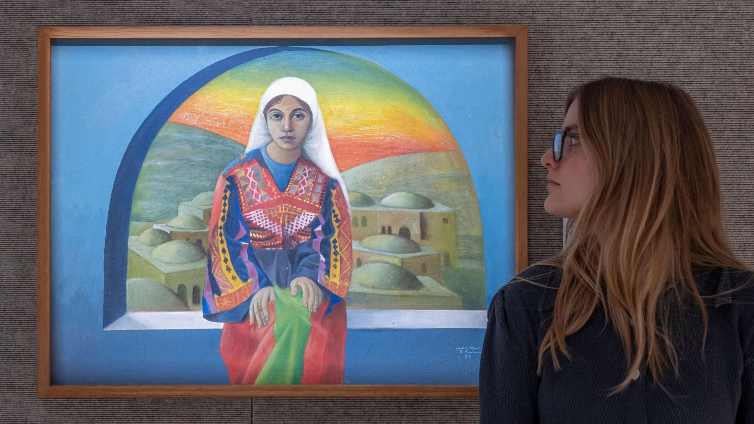 A painting by Sliman Mansour, Woman From Bethlehem, at Bonhams Modern and Contemporary Middle Eastern Art, in London, UK (24 November 2025)