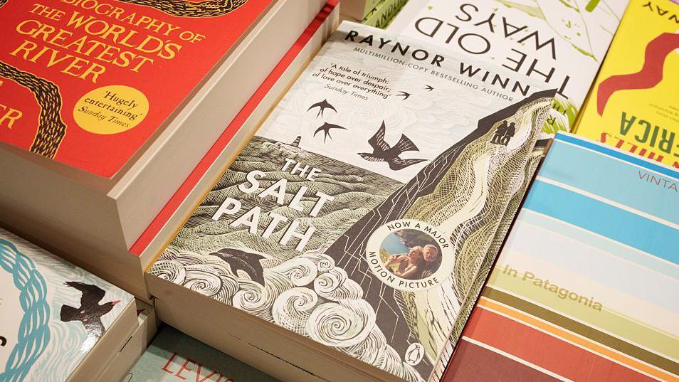 A book cover entitled the Salt Path, with artwork depicting a coastal scene. It is placed on a table stacked with other books around it.