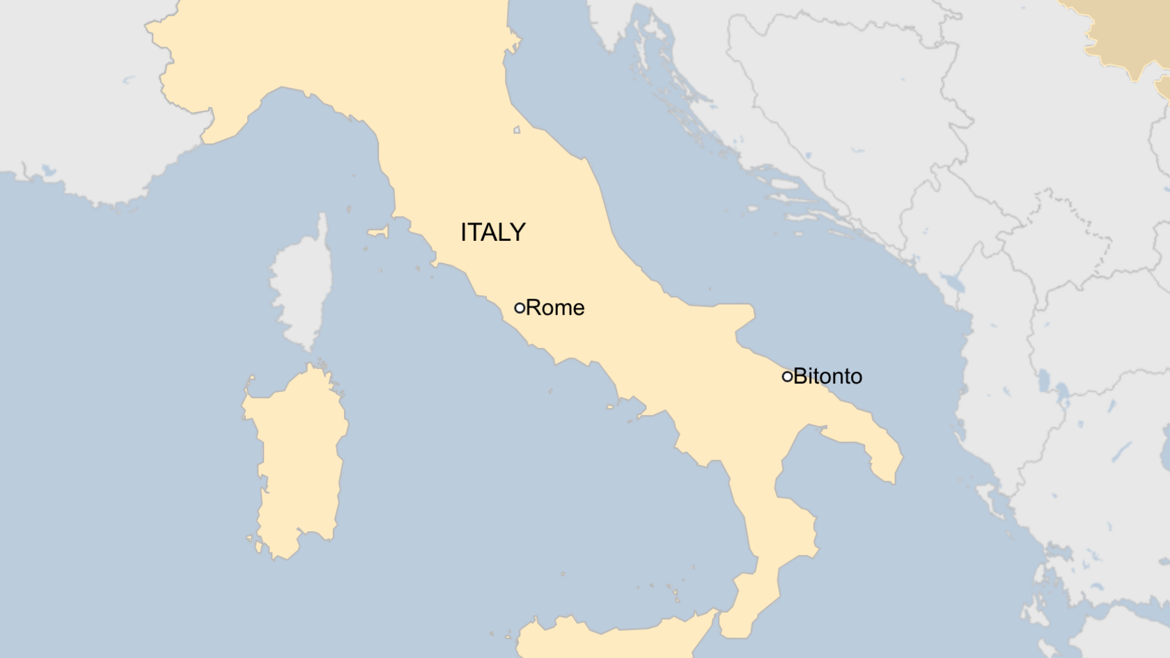 A map showing the outline of Italy and the location of Rome and Bitonto