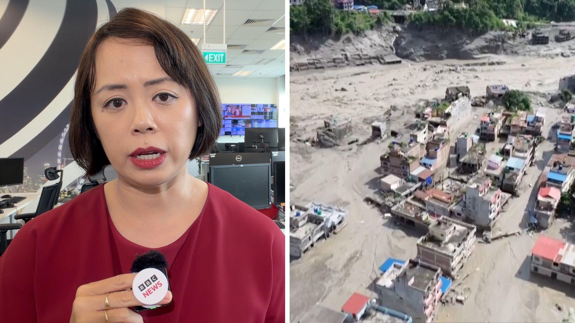 Splitscreen showing reporter Tessa Wong on the left and flooded town on the right