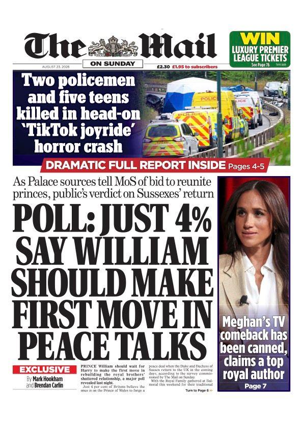 "Poll: Just 4% say William should make the first move in peace talks" reads the headline on the front page of the Mail on Sunday.
