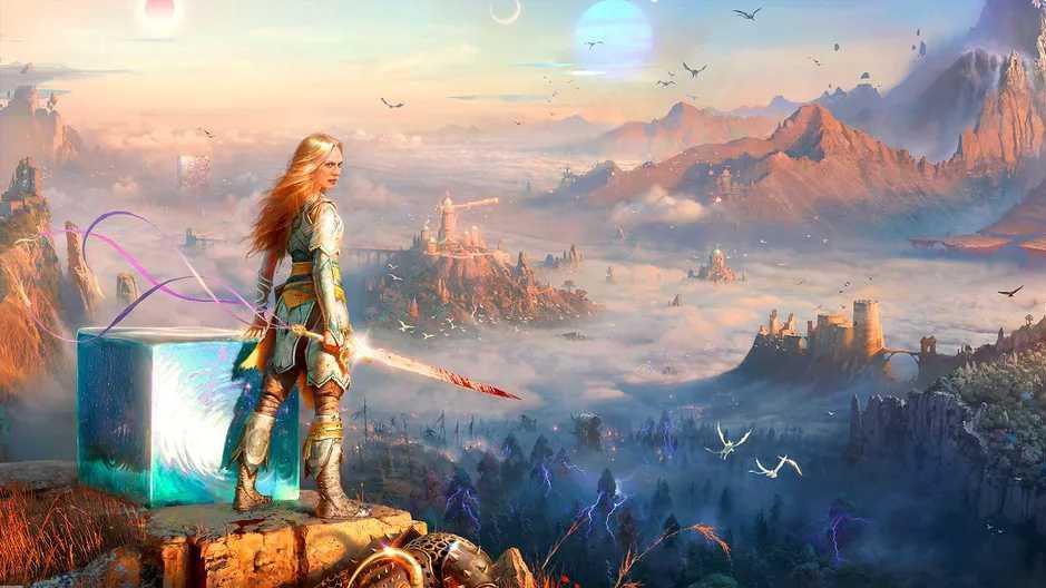 A fantasy landscape showing a female warrior stood on a hill on the left. She is wearing full body silver armour and holding a sword, she has long blond hair. In front of her is a misty view of mountains and castles