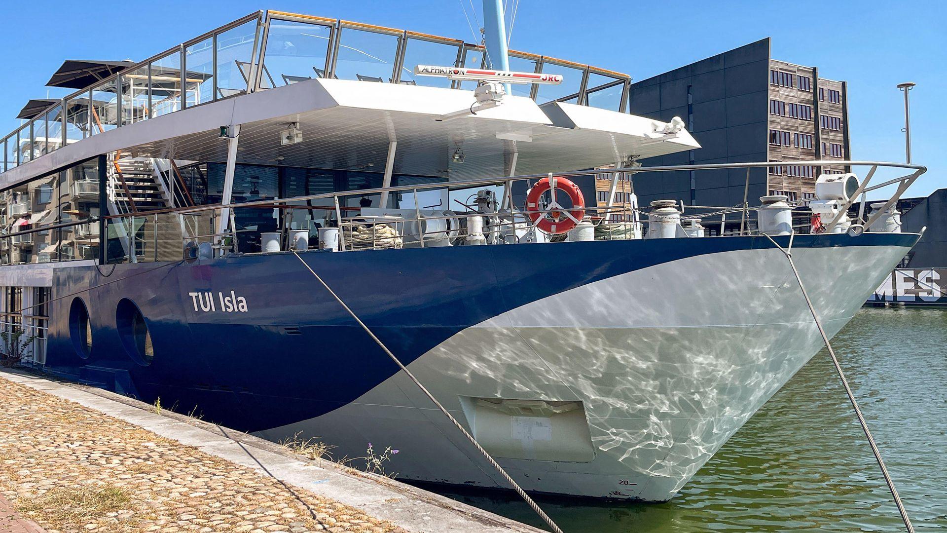 Middleburg, Netherlands - August 2022: Front of the river cruise ship Isla, which is operated by TUI.