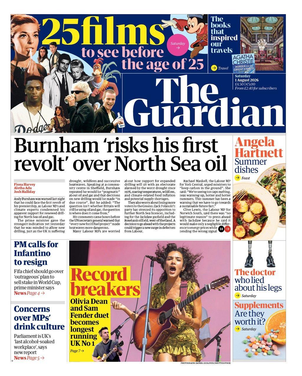 The headline on the front page of the Guardian reads: "Burnham 'risks his first revolt' over North Sea oil."
