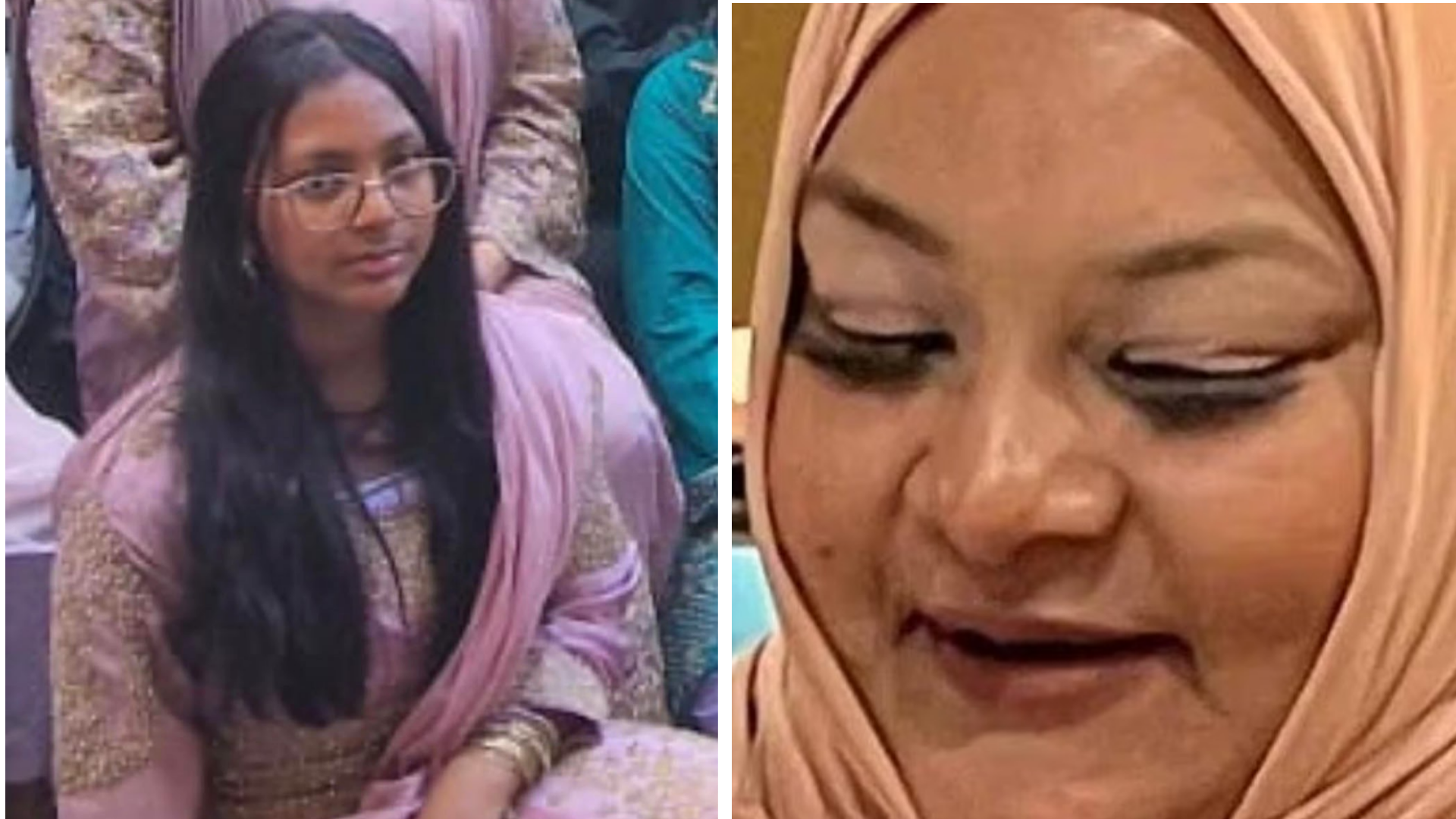 Sameeha and Shelina Rahman (on the left) wears a pink shawl among a crowd of other people. She has dark hair and clear-framed glasses. On the right, a close-up of Shelina Rahman wearing a cream-coloured hijab, looking down towards her lap.