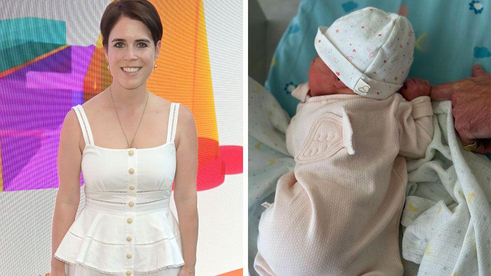 A photo of Princess Eugenie wearing a sleeveless white blouse, smiling and standing in front of a colourful background, next to a photo of the baby who is laying on someone and wearing a pink sleepsuit with a white hat