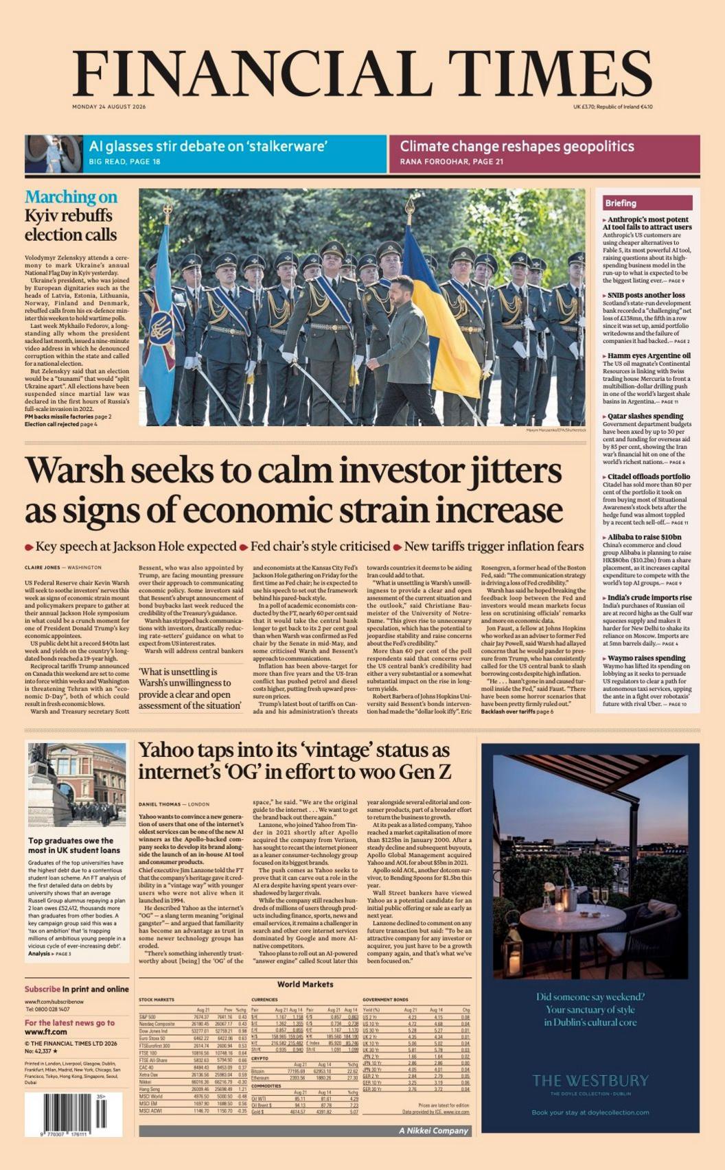 The headline on the front page of the Financial Times reads: “Warsh seeks to calm investor jitters as signs of economic strain increase”.