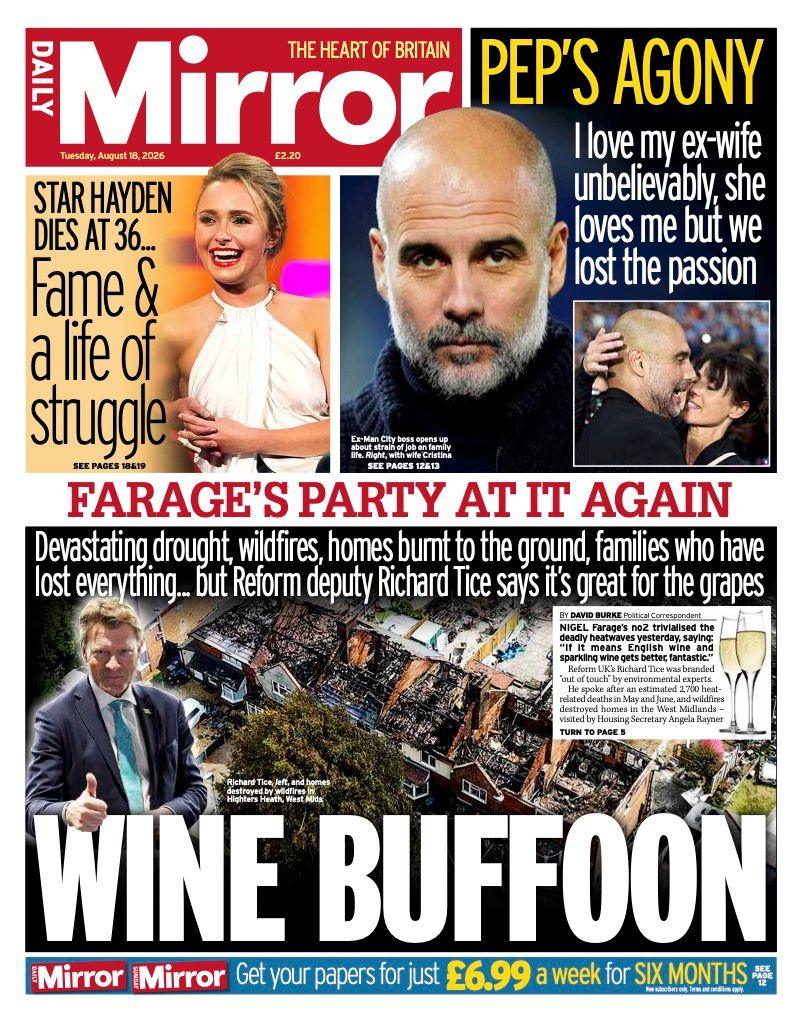 The headline on the front page of the Daily Mirror reads: "Wine buffoon."