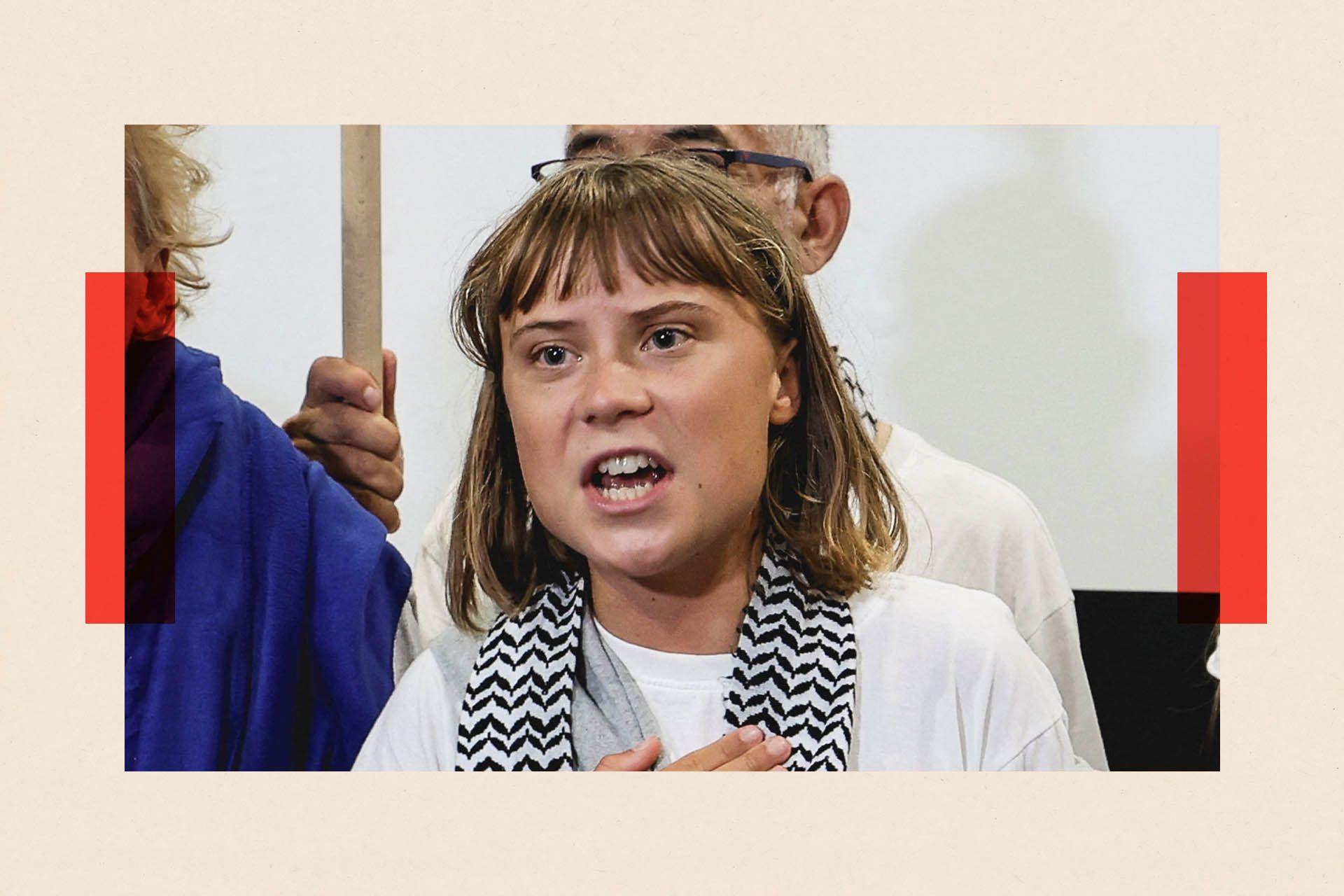 Greta Thunberg wearing a white t-shirt and patterned scarf. She is photographed while talking