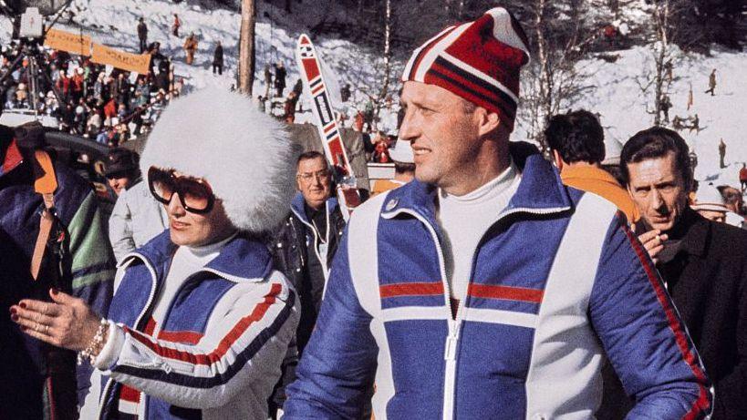 Prince Harald of Norway (R) and princess Sonja of Norway (L) attend the 1976 Winter Olympics, on February 8, 1976 in Seefeld.