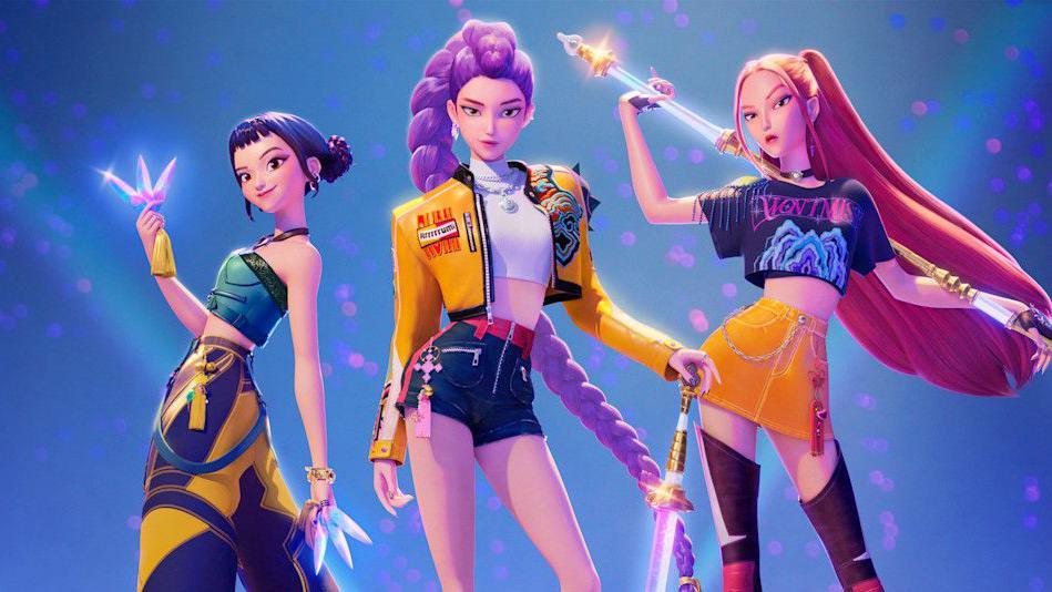 Animated characters Rumi, Mira and Zoey from a promotional image for the KPop Demon Hunters film