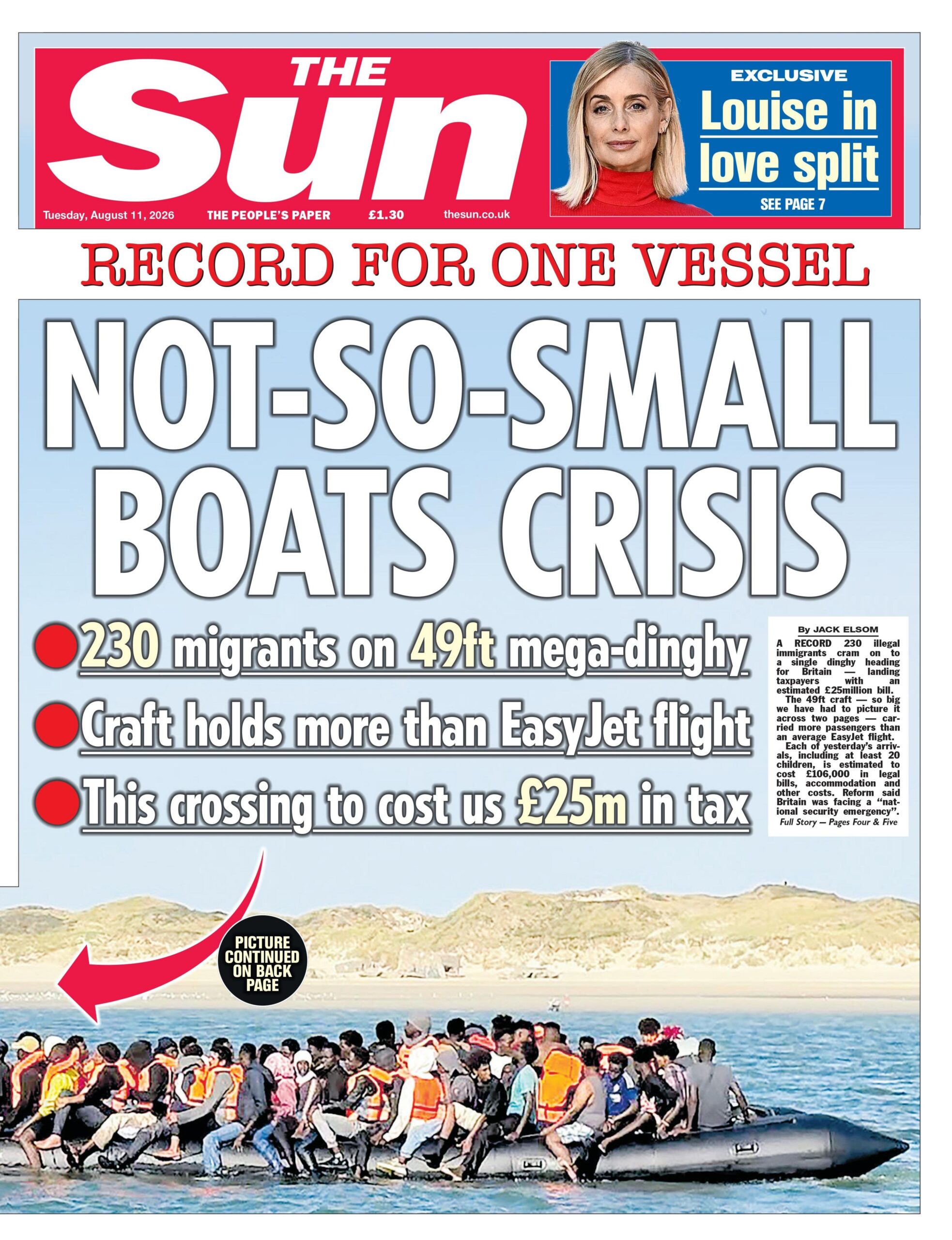 "Not-so-small boats crisis: Record for one vessel," reads the headline on the front page of the Sun.