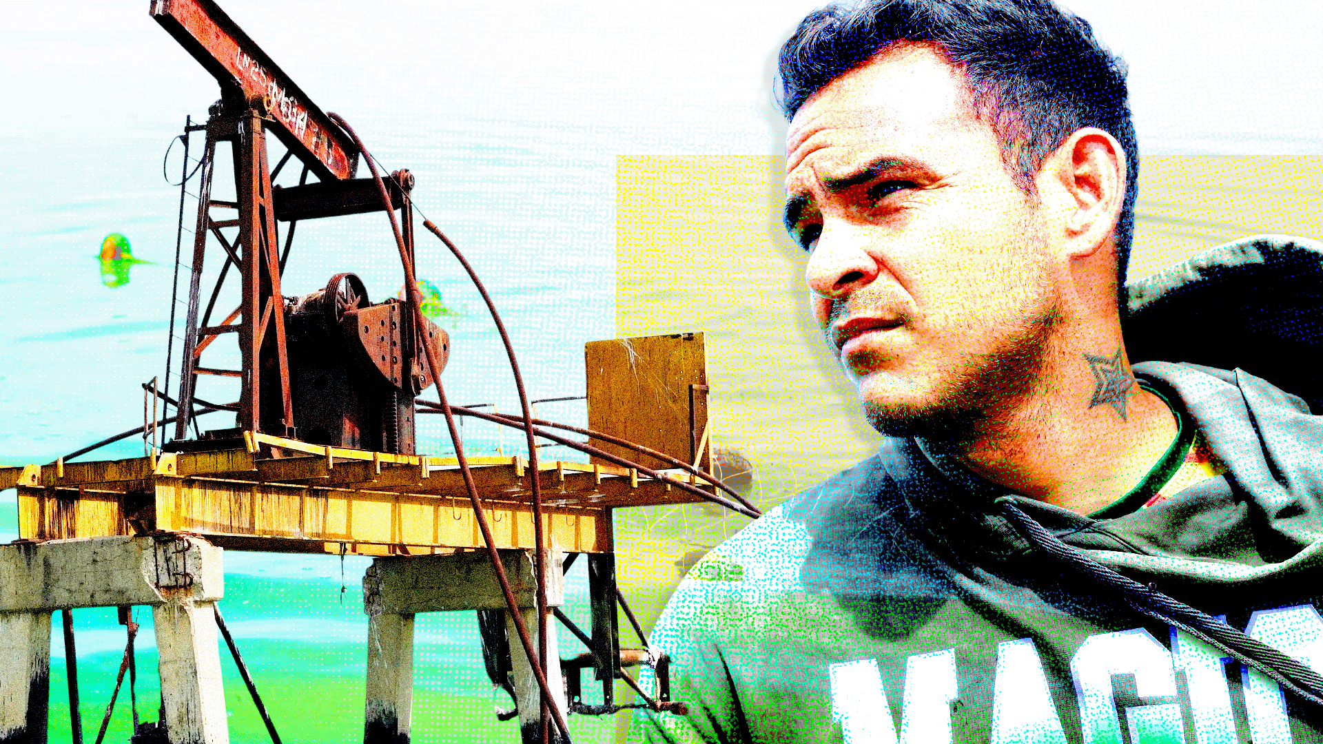 A designed image of a old rusty oil pump on the left and a young man with dark hair on the right. He is looking wistfully into the distance. He is wearing a grey hoodie with magic written on it in white and green letters.