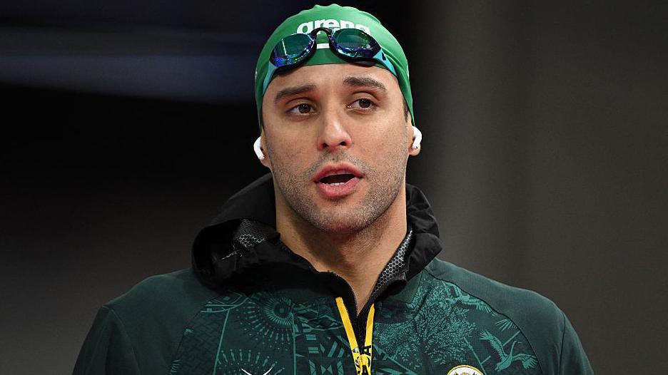 South Africa's Chad le Clos arrives for the Men's 50m Butterfly Semi-Final at the swimming event at the Tollcross International Swimming Centre in Glasgow, on day five of the Commonwealth Games