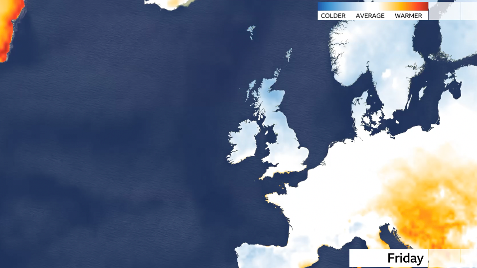 map of the UK and Europe showing temperature anomaly. In the UK blue hue indicates temperatures below average. The same for much of western Europe but some orange hues - warmer than average - show in eastern Europe
