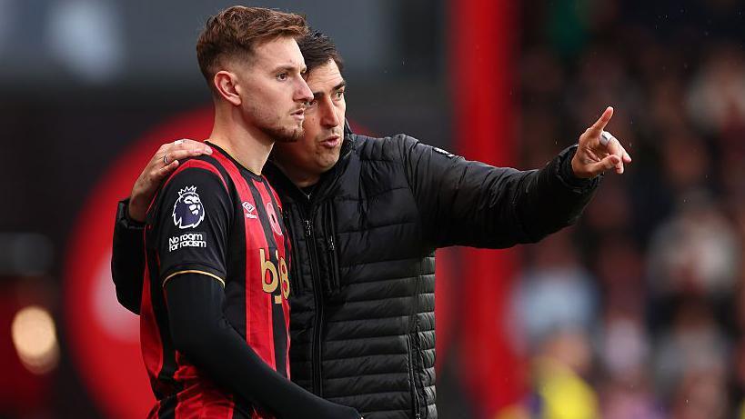Bournemouth Manager Andoni Iraola gives instructions to David Brooks
