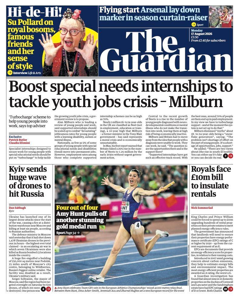 The headline on the front page of the Guardian reads: "Boost special needs internships to tackle youth job crisis - Milburn."