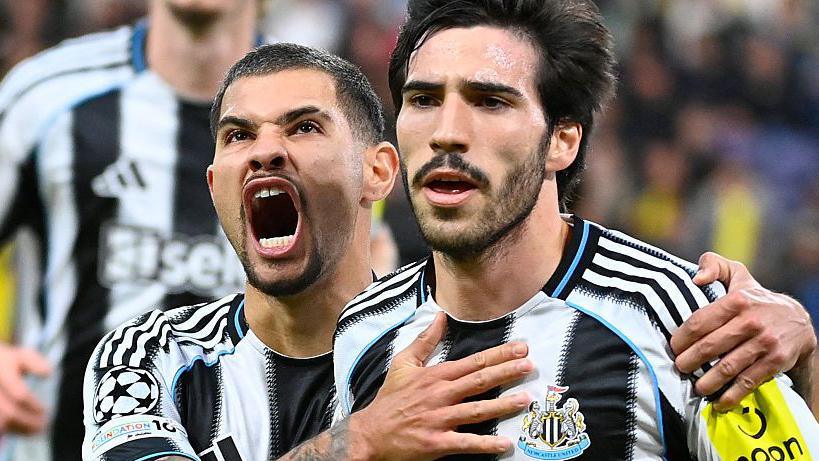 Bruno Guimaraes and Sandro Tonali celebrate as Newcastle team-mates before their summer 2026 moves.