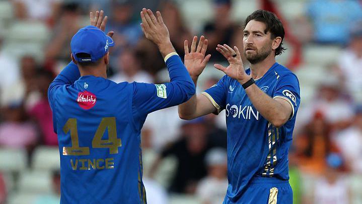 Richard Gleeson celebrates after taking a wicket for MI London against Birmingham Phoenix